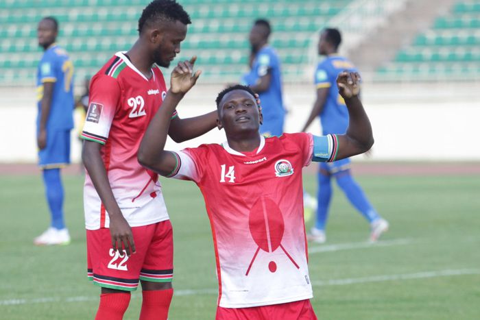 Michael Olunga and Abdallah hassan celebrate Harambee Stars goal.