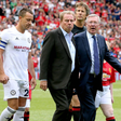 John Terry (left), Harry Redknapp (centre) and Sir Alex Ferguson (right) walk out before Michael Carrick s Testimonial match at Old Trafford, Manchester. || Image credit: Imago