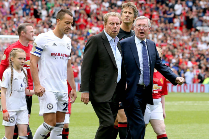 John Terry (left), Harry Redknapp (centre) and Sir Alex Ferguson (right) walk out before Michael Carrick s Testimonial match at Old Trafford, Manchester. || Image credit: Imago
