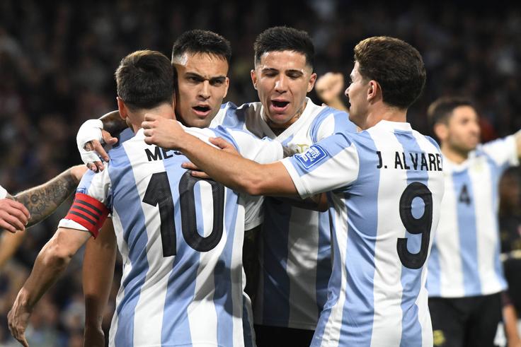 - FIFA World Cup, WM, Weltmeisterschaft, Fussball 2026 Qualifier Lautaro Martinez, Lionel Messi, Enzo Fernandez, and Julian Alvarez of Argentina celebrate their team s goal || Image credit: Imago