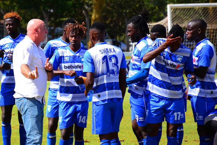 AFC Leopards head coach Patrick Aussems issuing instructions to his charges.