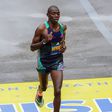Benson Kipruto of Kenya crosses the finish line of the 127th Boston Marathon on April 17, 2023