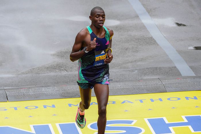 Benson Kipruto of Kenya crosses the finish line of the 127th Boston Marathon on April 17, 2023