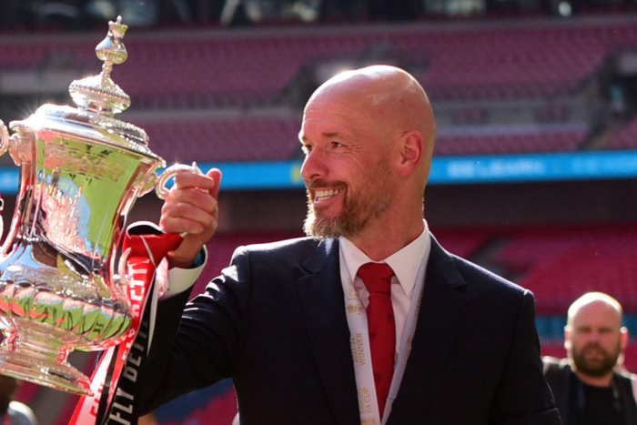 Manchester United captain Erik ten Hag lifting the FA Cup trophy || Image credit: Imago