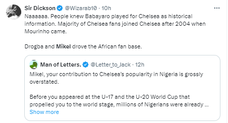 According to Nigerian football fans Drogba, Mourinho and Babayaro deserve credit for Chelsea's growth in Africa, not Super Eagles legend Mikel Obi.