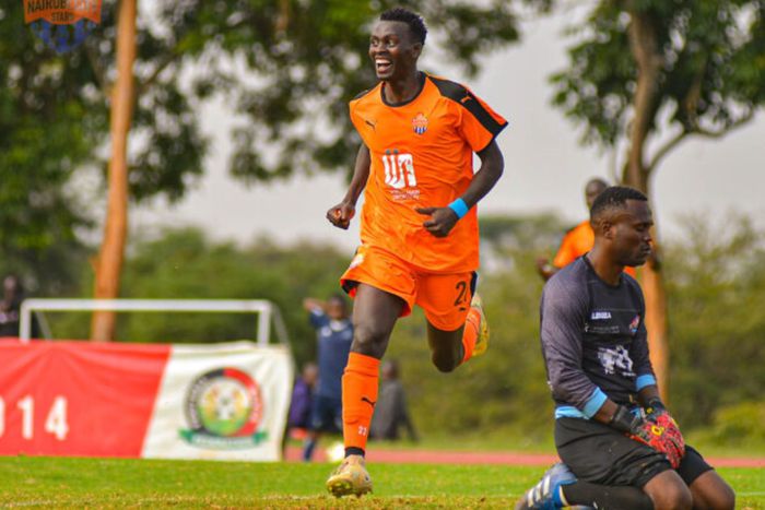 Nairobi City Stars striker Kelvin Etemesi celebrates a goal.