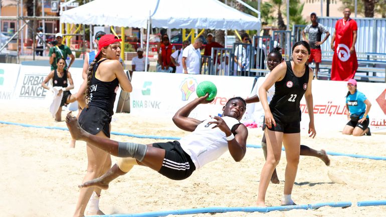 Kenya women's handball team against Tunisia at Africa Beach Games.