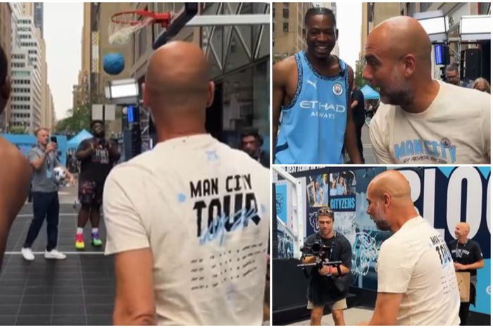 Pep Guardiola showcasing his basketball talents on tour of the USA with Man City.