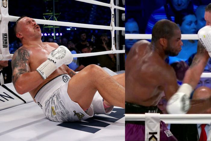 Usyk was knocked down by a right hand to the body by Dubois but referee Luis Pabon deemed it to have been low. Image Credit Twitter/TNT Boxing