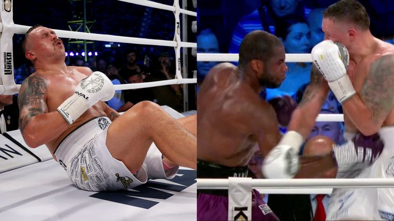 Usyk was knocked down by a right hand to the body by Dubois but referee Luis Pabon deemed it to have been low. Image Credit Twitter/TNT Boxing