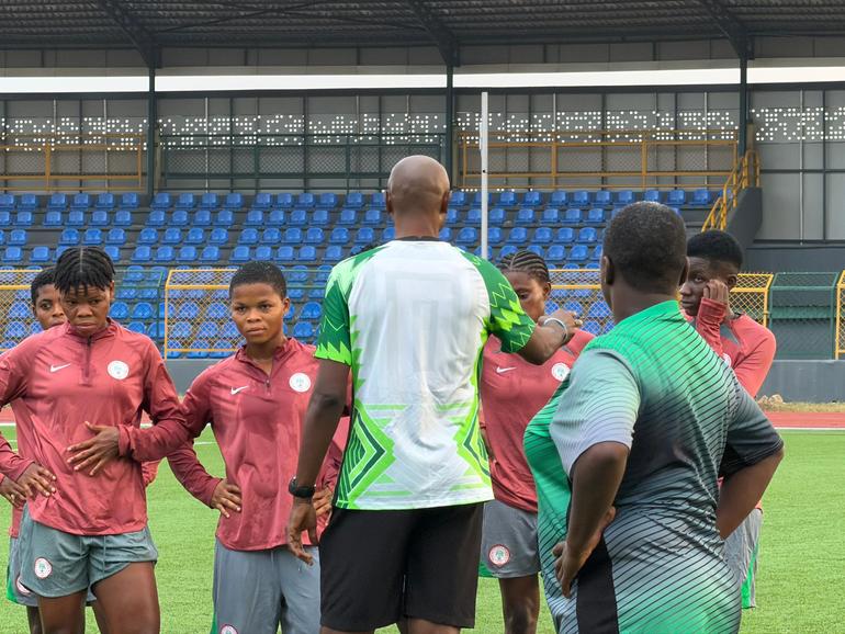 Coach Moses Aduku in action with the Falconets.