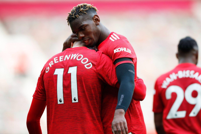 Mason Greenwood of Manchester United celebrates his second goal with Paul Pogba at Old Trafford  || Image credit: Imago