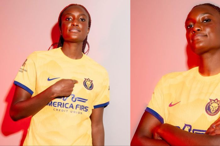 Super Falcons star Ifeoma Onumonu models Utah Royals Gold and 'Mountain Heir' Blue Kits.