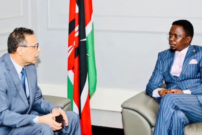 Sports CS Ababu Namwamba (R) with Moroccan Ambassador to Kenya H.E. Abderrazzak Lassel