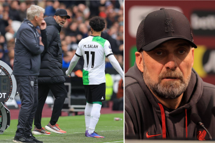 Jurgen Klopp has a heated exchange with Mohamed Salah during the 2-2 draw against West Ham || Image credit: Imago