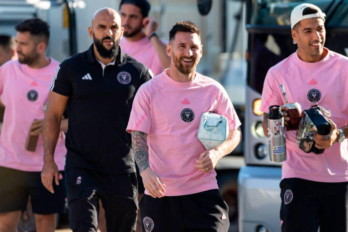 Inter Miami forwards Lionel Messi (10) and Inter Miami Luis SuÃ‚Â·rez (9) arrive to Chase Stadium before the start of their MLS match against the Colorado Rapids on Saturday, April 6, 2024 || Image credit: Imago