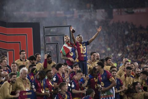 Lamine Yamal of Barcelona celebrates victory during the 2024 25 Copa del Rey final match between Real Madrid and Barcelona at Cartuja Stadium. (Photo by Guillermo Martinez)