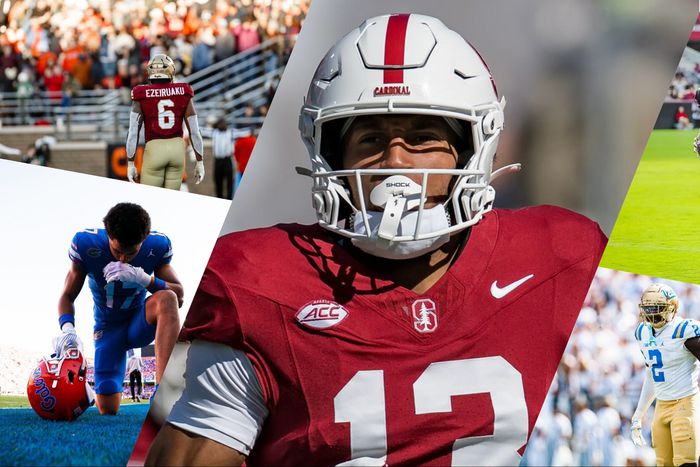 1 Elic Ayomanor by Titans  2 Tommy Akingbesote by Cowboys  3. Chimere Dike by Titans  4. Donovan Ezeiruaku by Cowboys  5. Princewill Umanmielen by Panthers  6. Nick Emmanwori by Seahawks  7. Femi Oladejo by Titans  8. Jalen Oluwaseun Milroe by Seahawks