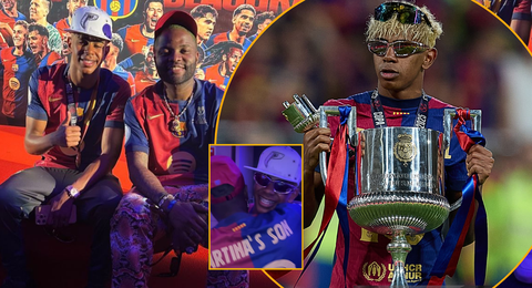Oya shake body — Skales finally meets 17-year-old Lamine Yamal as Nigerian singer joins Barcelona’s Copa del Rey title celebrations