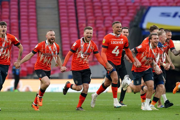 Luton Town celebrate Premier League promotion.