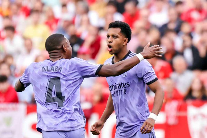 Real Madrid striker Rodrygo celebrates after scoring the winning goal against Sevilla