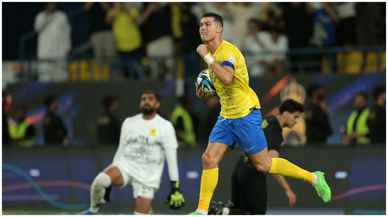Al Nassr history maker Cristiano Ronaldo celebrates one of his goals against Al Ittihad.