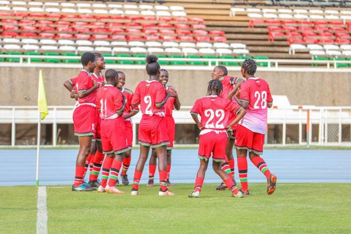 Kenya's Junior Starlets celebrate a goal during a friendly match.