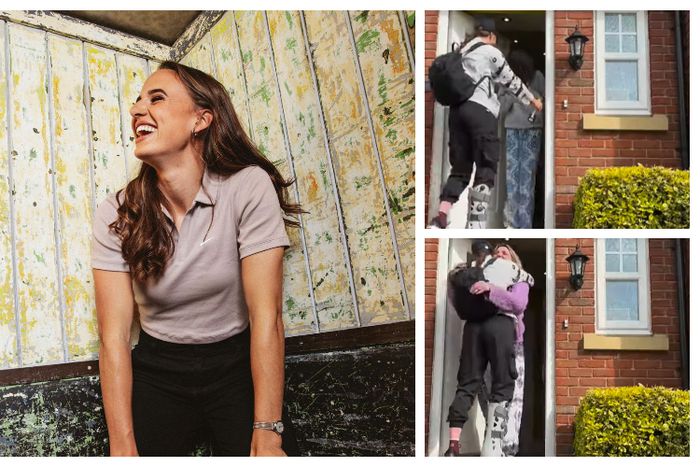 Ashleigh Plumptre visits her family with protective boot