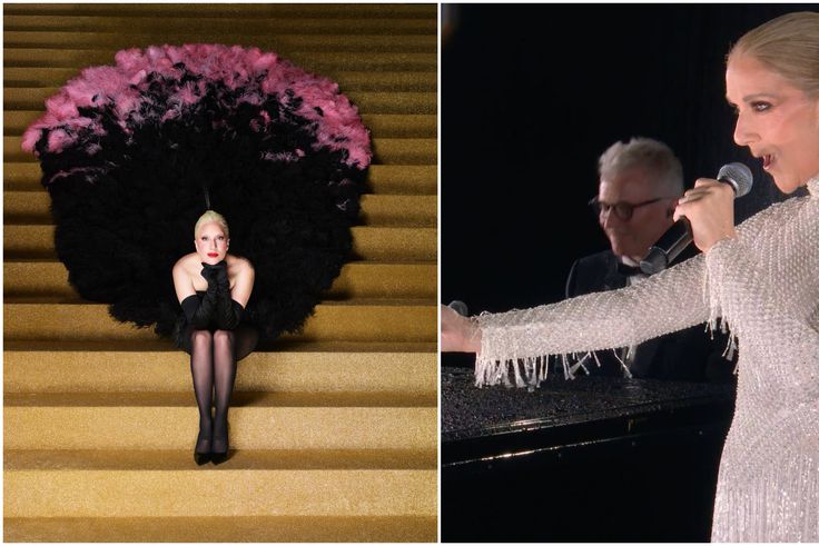 Lady Gaga (left) and Celine Dion (right) at the Paris 2024 Olympics opening ceremony.