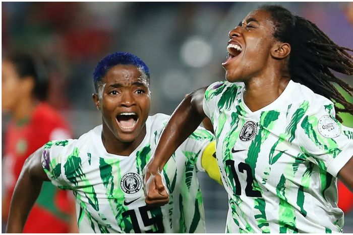 Jennifer Echegini and Rasheedat Ajibade celebrate the winner vs Morocco.