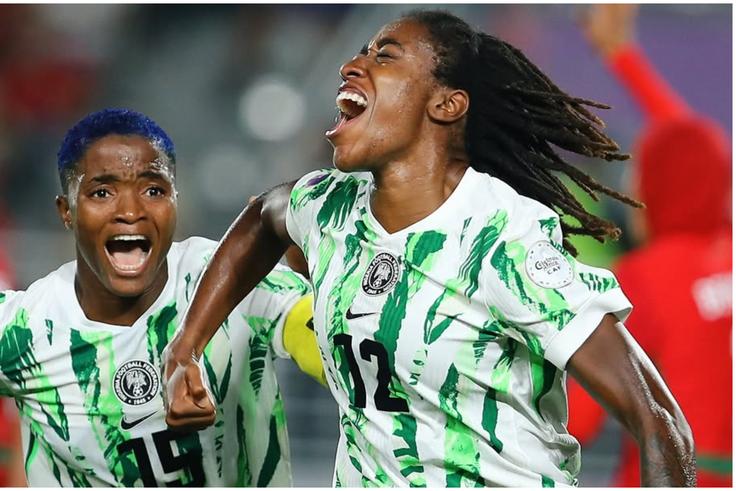 Jennifer Echegini and Rasheedat Ajibade celebrate the winner vs Morocco.