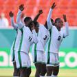 Faridat Abdulwahab celebraates a goal with her Falconets teammates.