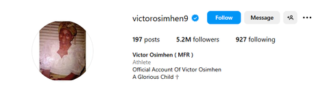 With 5.2 million followers, Osimhen becomes the most-followed Nigerian footballer on Instagram
