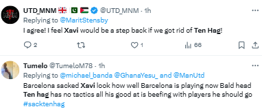 According to Manchester United fans, replacing Ten Hag with Xavi after the loss to West Ham is a downgrade.
