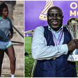 Super Falcons duo (Alozie and Esther Okoronkwo), and coach Justine Madugu, with the Mission X title.