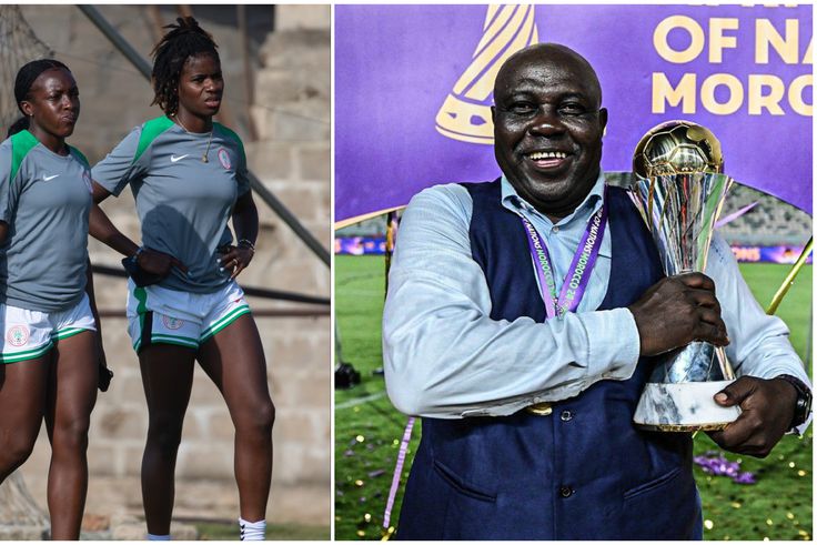 Super Falcons duo (Alozie and Esther Okoronkwo), and coach Justine Madugu, with the Mission X title.