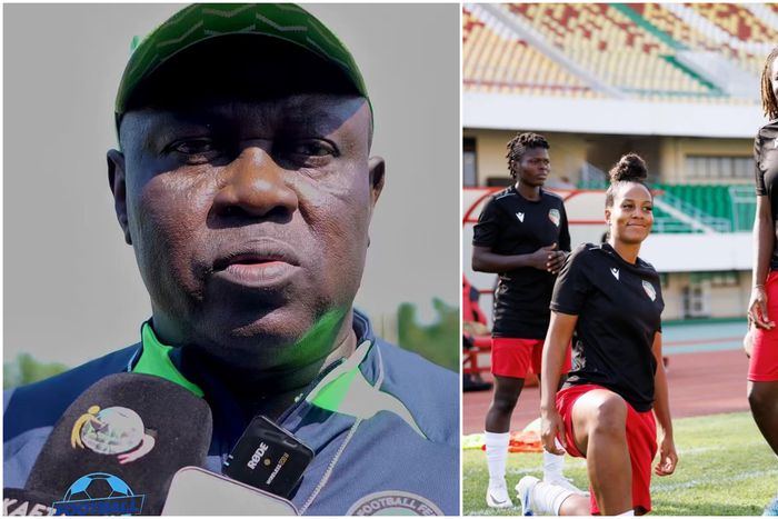 Super Falcons Head Coach Justine Madugu speaking to his players on the sideline during a training session ahead of the match against Benin Republic.