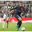 Kylian Mbappe and Miguel Almiron during the first leg between Newcastle United and PSG in the 2023-24 Champions League group stage.