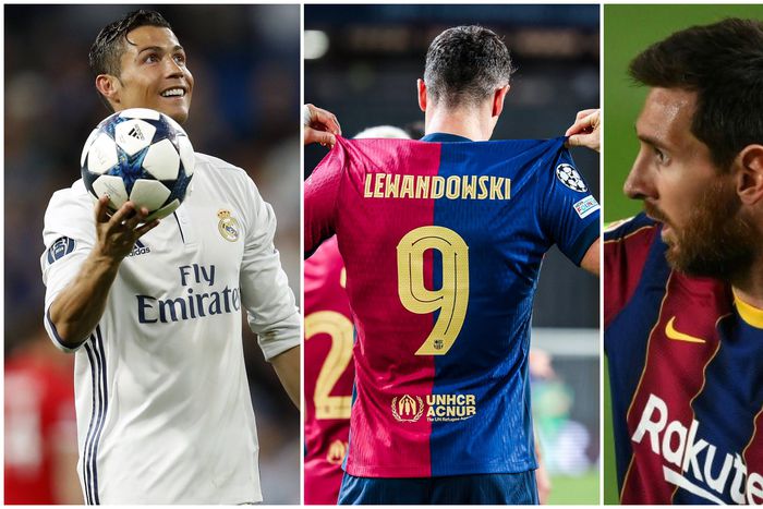Robert Lewandowski (middle) joins Cristiano Ronaldo (left) and Lionel Messi (right) as Champions League centurions.