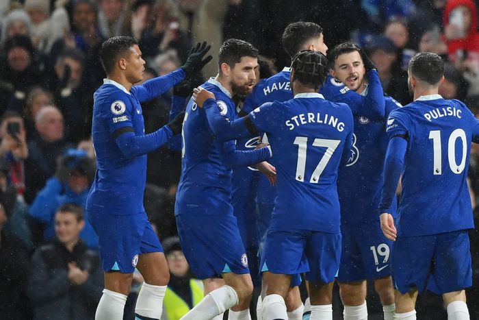Chelsea players celebrate a goal against Bournemouth