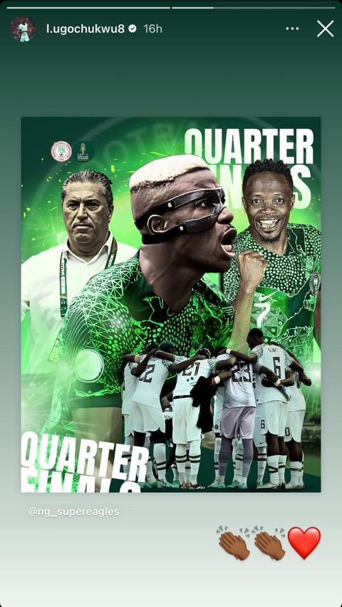 Lesley Ugochukwu reacts to Super Eagle's victory over Cameroon || Image credit: Instagram