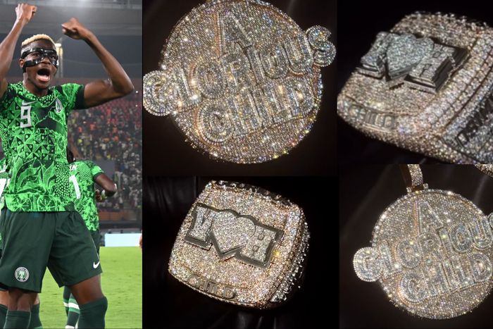 Super Eagles star Victor Osimhen celebrates Nigeria with a new diamond pendant and ring.