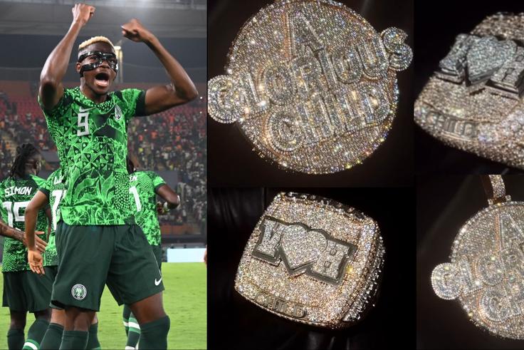Super Eagles star Victor Osimhen celebrates Nigeria with a new diamond pendant and ring.