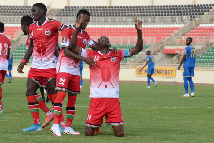 Harambee Stars skipper Michael Olunga celebrating a goal.