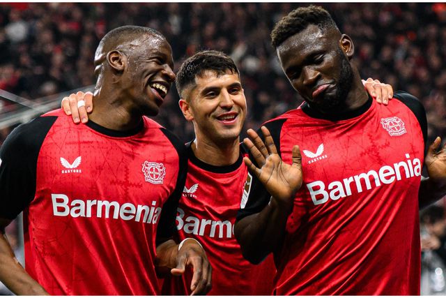 Victor Boniface (right) celebrates with his teammates.