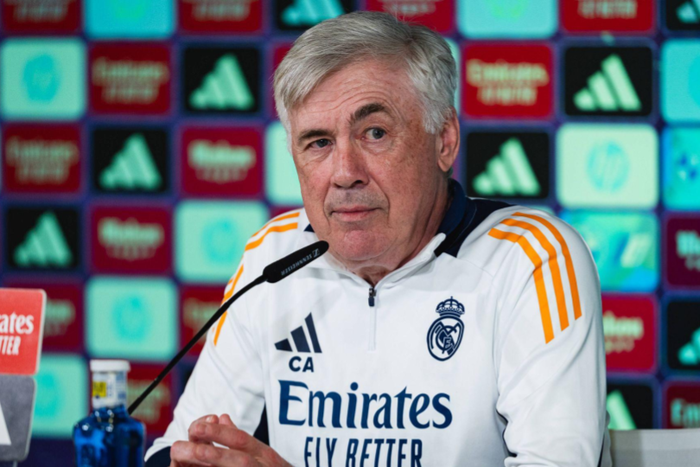 Carlo Ancelotti, head coach of Real Madrid CF, speaks during Real Madrid Press Conference ahead of the La Liga EA Sports 2024 25 match against CD Leganes at Ciudad Real Madrid on March 28, 2025
