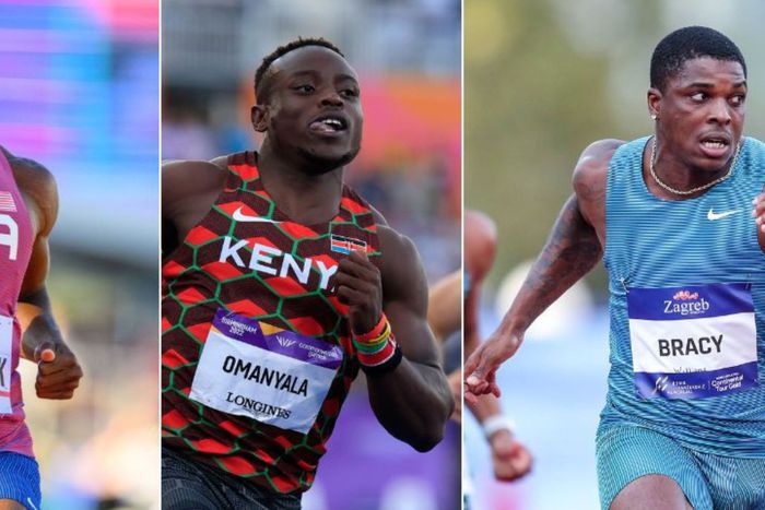 Kenny Bednarek (L), Omanyala (C) and Marvin Bracy (R)