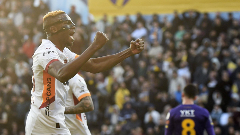Victor Osimhen of Galatasaray celebrates after scoring the third goal of his team with teammates during the Turkish Super League match between Eyupspor and Galatasaray Turkey on April 27 , 2025. ( Photo by Seskimphoto )