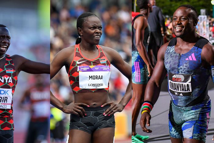 Emmanuel Korir (L), Mary Moraa (C) and Ferdinand Omanyala (R)