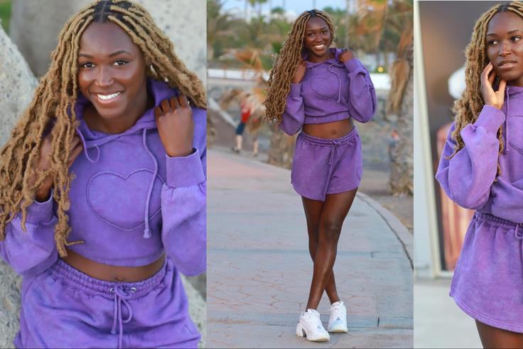 Super Falcons of Nigeria star Rinsola Babajide shows off style in purple outfit.